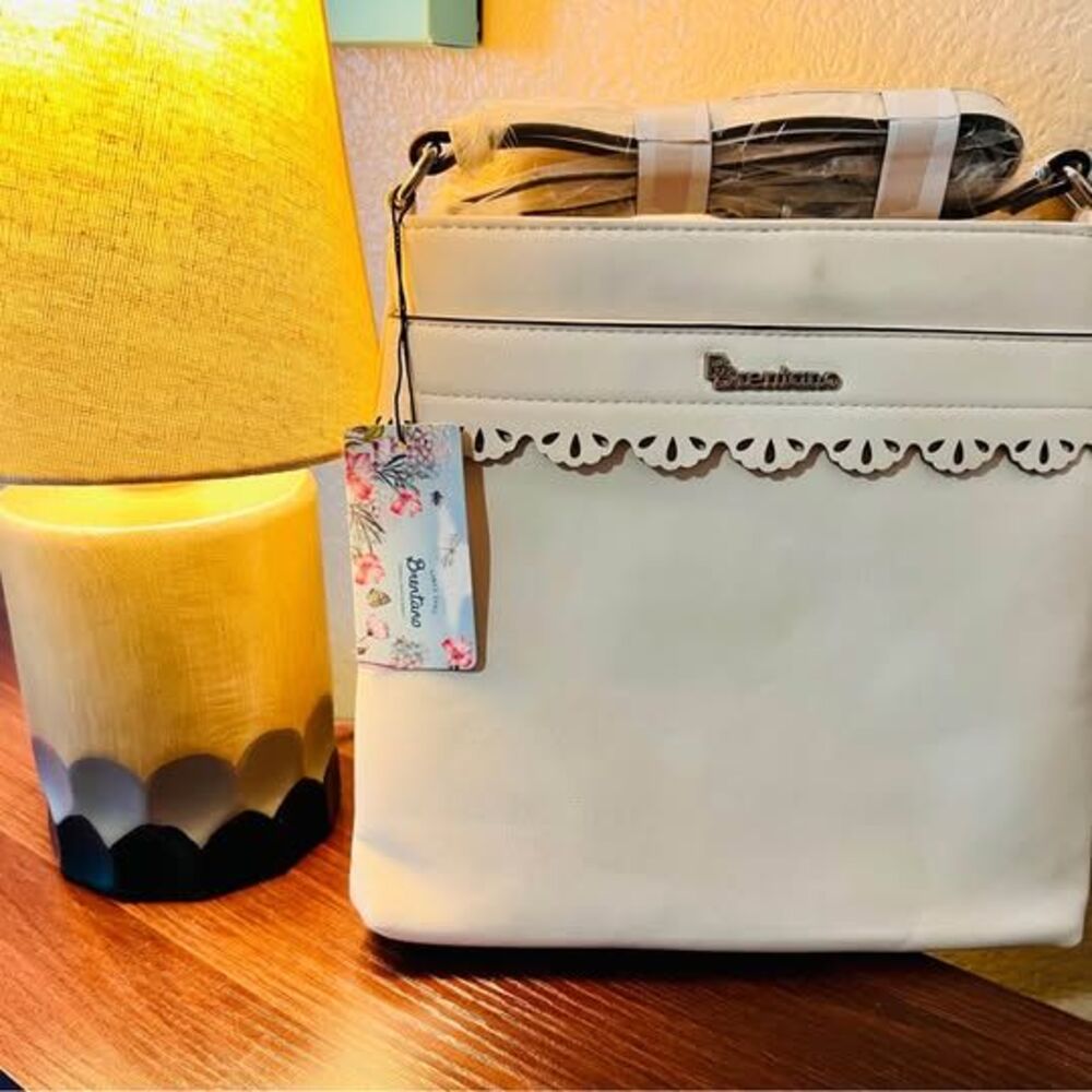 Brentano Crossbody Purse Beige Vegan Leather Scalloped NWT